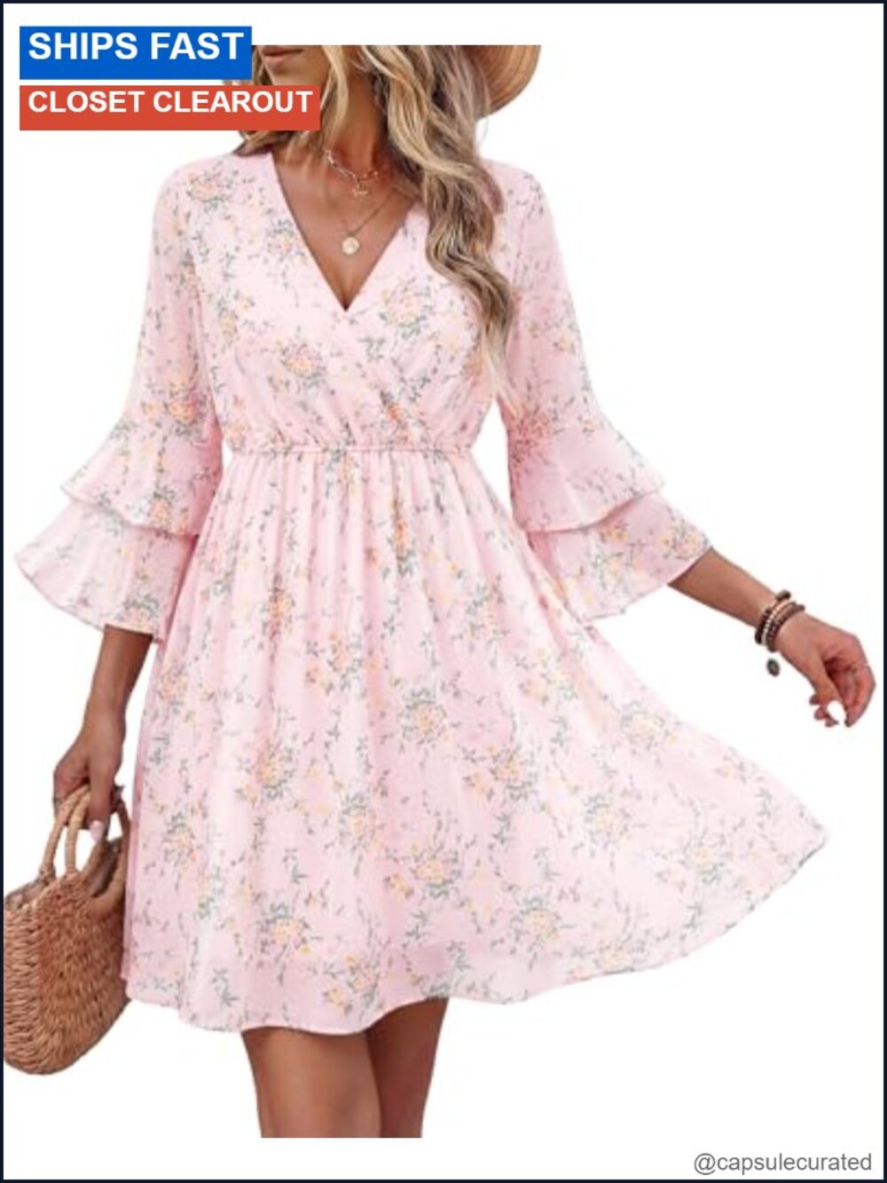 Women's Floral Chiffon A-Line Midi Dress Ruffle 3/4 Sleeve V-Neck Casual
